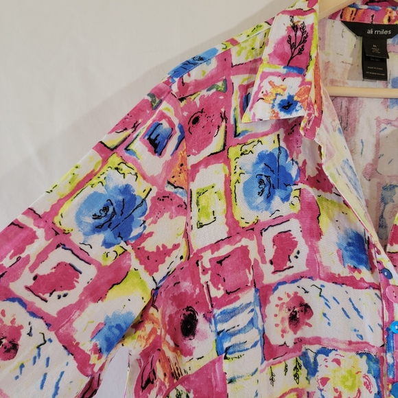 Ali Miles Colorful Floral Button Up Blouse Women XL 3/4 Sleeve Artsy Minimalist - Picture 5 of 13